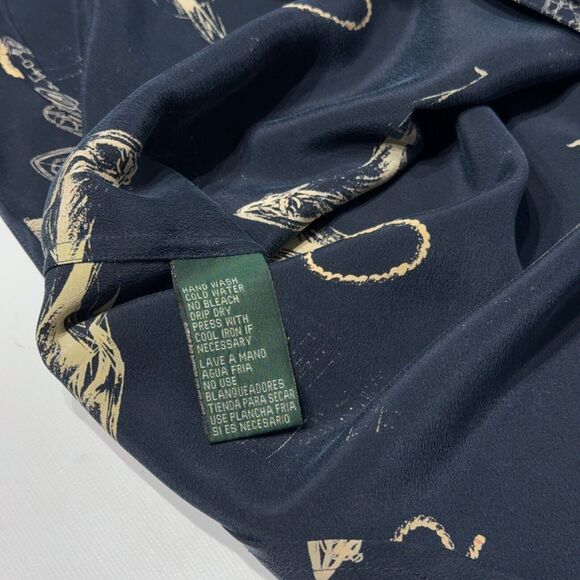 VTG Ralph Lauren Nautical 100% Silk Top Long Roll Tab Sleeve Navy Blue Size PM - Picture 11 of 13